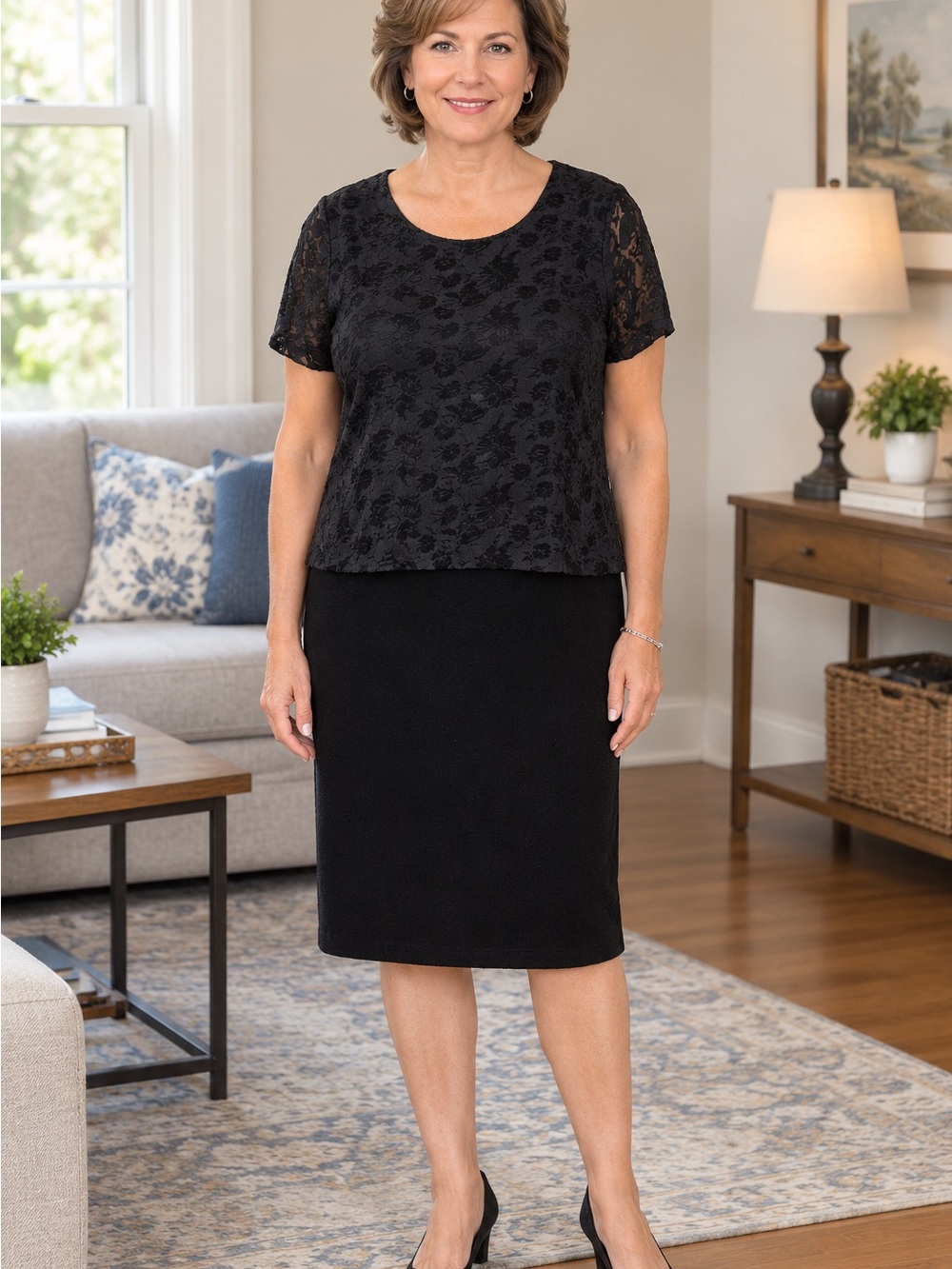 Kathie Lee Collection Black DRESS L Jacquard top & attached 1 piece Velvet skirt